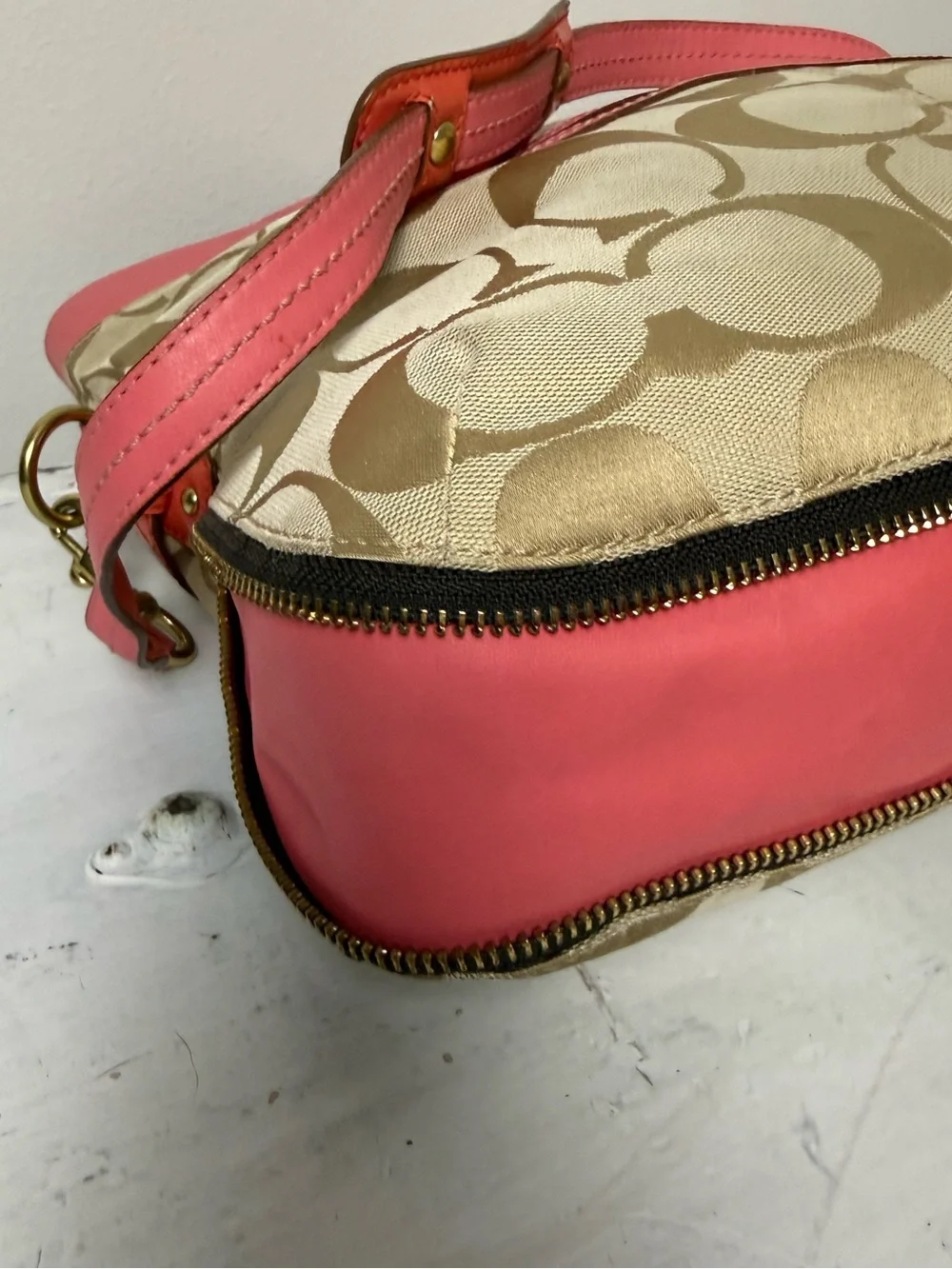 Coach Light Khaki/Coral Bonnie Signature Logo Print Fold Over Crossbody Bag 1339